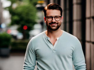 Young casual dressed handsome man with dark hair and facial hair, glasses. Walking in the city. Blurry background. Generative AI