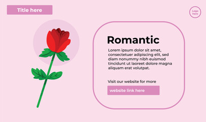Romantic valentine descriptive concept vector illustration text with rose decoration isolated on landscape pink background template with simple and minimalist layout.