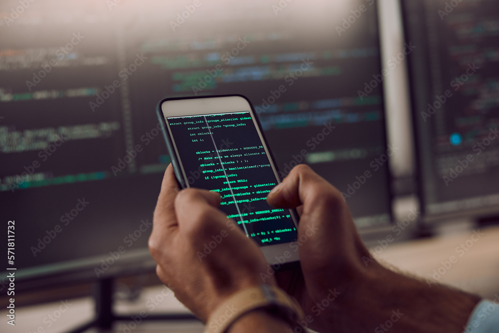 Poster Coding, smartphone in hands and man, programmer and computer software update, information technology and code. Cybersecurity, ux and network with wifi, web design and cyber space with cpu programming