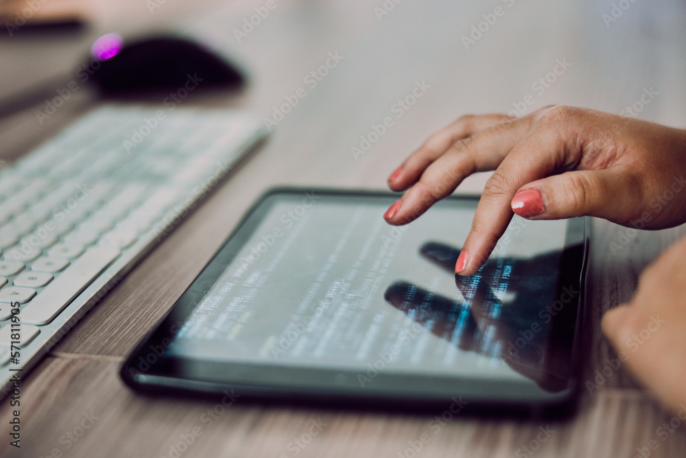 Aufkleber Hands, tablet screen and programmer typing in office, coding or programming on desk. Information technology, female developer and woman with digital touchscreen for software development in workplace.