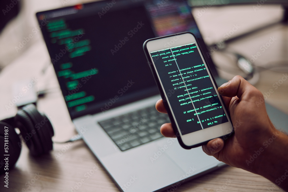 Poster Coding, laptop and phone in hand with man, programmer and software update, information technology and code. Cybersecurity, ux and network with wifi, web design and cyber space with cpu programming