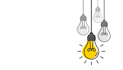 Hanging light bulbs with one glowing on white background. Concept of idea