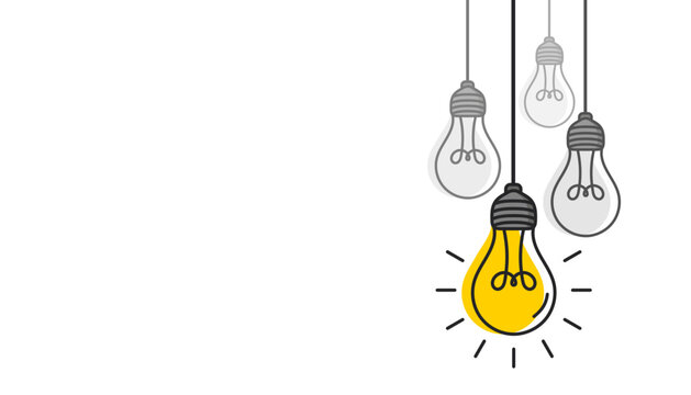 Hanging light bulbs with one glowing on white background. Concept of idea