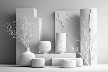 Original template for spa product presentation. Pedestal of marble slabs and branches of wall in bathroom, Generative AI