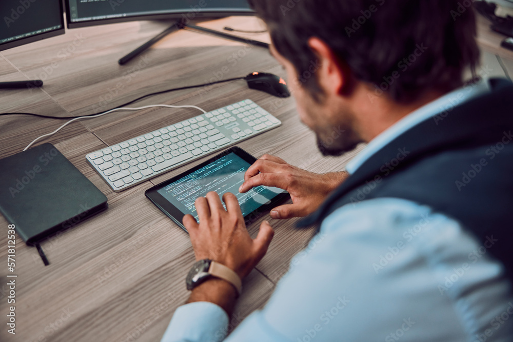 Aufkleber Coding, tablet and man typing with programmer and software update, information technology and code at desk. Cybersecurity, ux and network with wifi, web design and cyber space with cpu programming