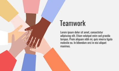 Hands of diverse group of people putting together. Concept of community, support, partnership, teamwork, social movement, friendship and cooperation. Flat cartoon vector illustration