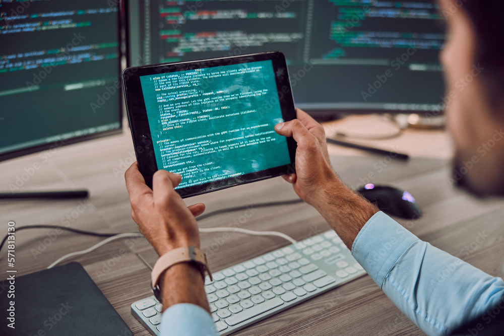 Poster Coding, computer and tablet in hands with man, programmer and software update, IT and code at desk. Cybersecurity, ux and network with wifi, web design and cyber space with tech and cpu programming