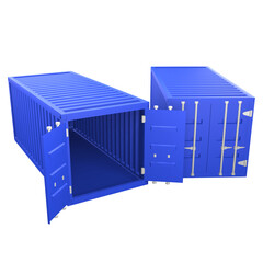 3D design of cargo containers for storage transportation illustration. 3D design of two blue colored cargo with open and closed doors, front view illustration