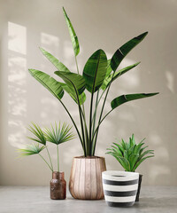 Variety of fresh green tropical plant, houseplant, banana tree, palm, dracaena in modern design pot in sunlight, leaf shadow on beige wall, cement floor for interior design decoration background 3D