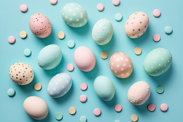 Fototapeta na wymiar Pastel Easter eggs on blue background top view. Flat lay style, Generative AI