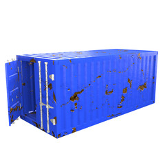 3D design of cargo containers for storage transportation illustration. 3D design of a blue colored scratched cargo with open and closed doors