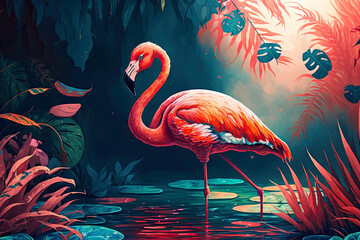 digital watercolor painting of a flamingo in the middle of tropical lakes in bright, Generative AI