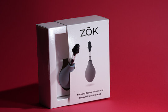 Bucharest, Romania,  31 January 2025: ZOK device that naturally reduces pressure and tension inside the head by inserting the device into the ear and applying pressure.