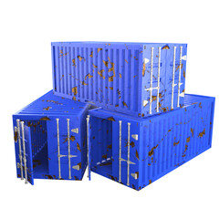 3D design of cargo containers for storage transportation illustration. 3D design of three blue colored scratched cargo with open and closed doors