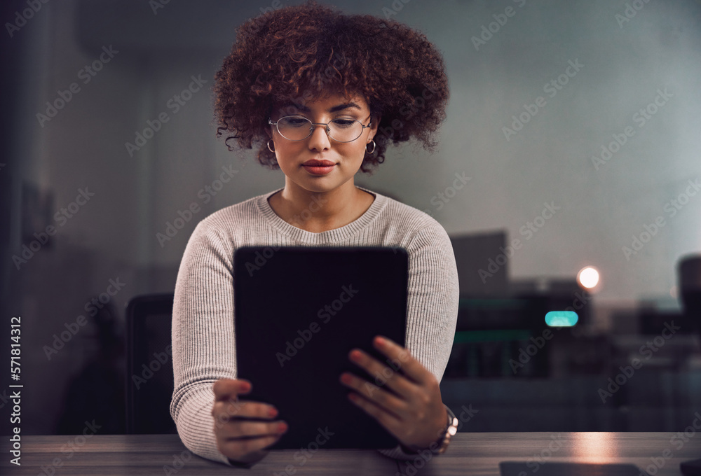 Aufkleber Tablet, programmer and woman in night office, research or programming online in workplace. Information technology, developer and female coder with glasses working on software project on touchscreen.