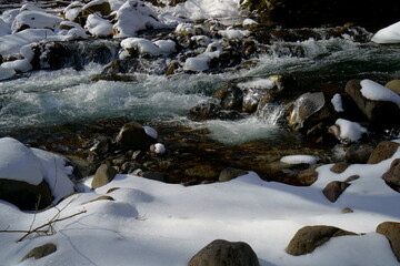 Fototapeta na wymiar 冬の雪のある山の中の流れ