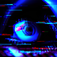 Glitched Blue Dimmed Cyborg Eye on Dark Atmosphere, with Static Color Fault, Generative AI