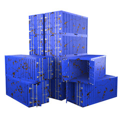 3D design of cargo containers for storage transportation illustration. 3D design lot of blue colored scratched cargo with open and closed doors
