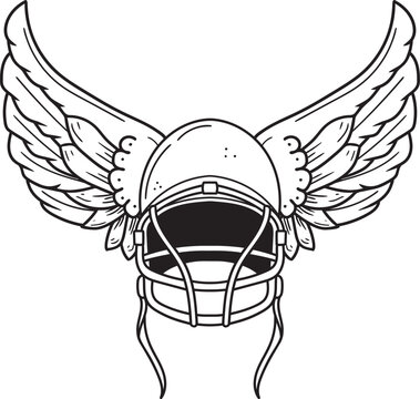 Vector Black and White American Football Winged Helmet Illustration. Line art.
