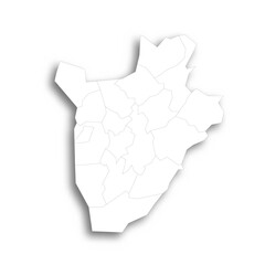 Burundi political map of administrative divisions - provinces. Flat white blank map with thin black outline and dropped shadow.