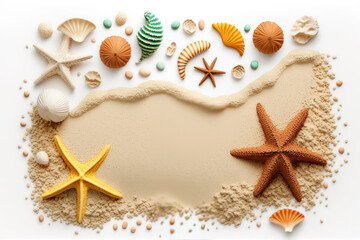 Seashell, starfish and beach sand on white background. Summer holiday concept. Top view and flat lay, Generative AI
