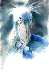 Shoebill. Pattern with bird. Watercolor hand drawn illustration