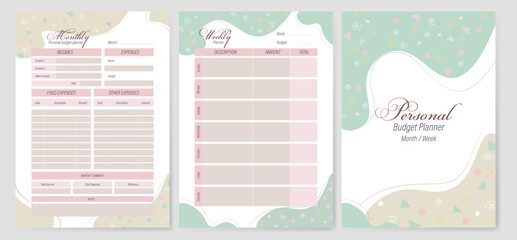 Set personal weekly and monthly budget planner templates. Notebook pages in pastel colors with a simple pattern.  - obrazy, fototapety, plakaty