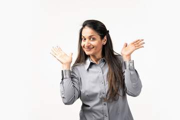 Indian woman showing smile, optimistic, positive, happy feeling. isolated against white background