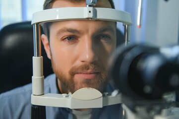 Handsome young man is checking the eye vision in modern ophthalmology clinic. Patient in...