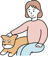 柴犬をなでる女性