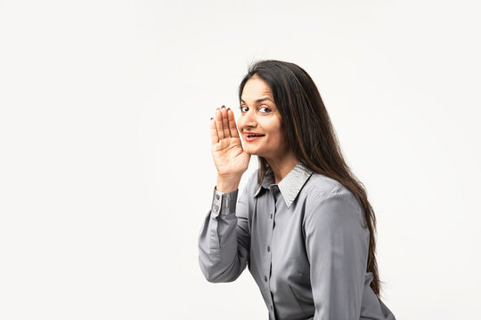 Indian Woman Hand On Mouth Telling Secret Rumor, Whispering Malicious Talk Conversation