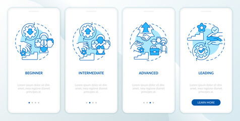 Fototapeta na wymiar DEI program maturity stages blue onboarding mobile app screen. Walkthrough 4 steps editable graphic instructions with linear concepts. UI, UX, GUI template. Myriad Pro-Bold, Regular fonts use