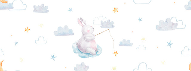 seamless pattern with a rabbit on the moon catching stars with a fishing rod, children's design, wallpaper