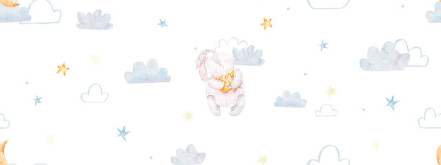 seamless pattern with a rabbit on the moon catching stars with a fishing rod, children's design, wallpaper