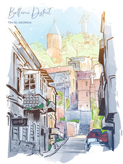 Fototapeta na wymiar Narrow street leading to Betlemi district in Tbilisi, Georgia. Urban life sketch for a Postcard or Travel Blog. Line drawing painted and isolated on white background. EPS10 vector illustration