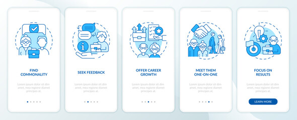 Younger supervisors vs older workers blue onboarding mobile app screen. Walkthrough 5 steps editable graphic instructions with linear concepts. UI, UX, GUI template. Myriad Pro-Bold, Regular fonts use