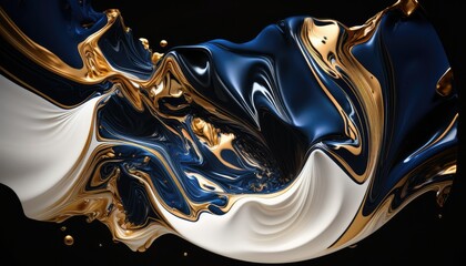 abstract background, dark blue, white and gold acrylic liquid artistic paints.Generative AI