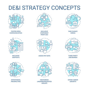 DEI strategy in workplace turquoise concept icons set. Diversity, equity and inclusion idea thin line color illustrations. Isolated symbols. Editable stroke. Roboto-Medium, Myriad Pro-Bold fonts used
