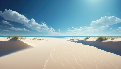 sandy shoreline on a sunny day. clouds in a blue sky. generative AI