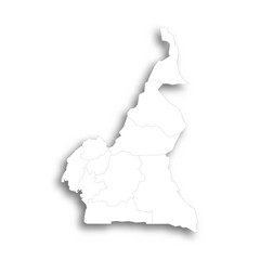 Fototapeta premium Cameroon political map of administrative divisions - regions. Flat white blank map with thin black outline and dropped shadow.
