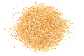 Chopped dry garlic pile isolated on white, top view