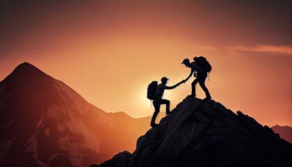 People helping each other hike up a mountain , illustration - obrazy, fototapety, plakaty