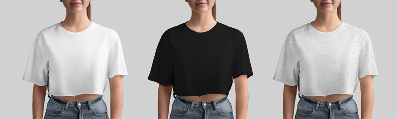 Mockup of white, black, heather crop top on beautiful girl in jeans, fashion clothes for design,...