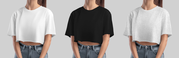Mockup of white, black, heather crop top on girl, set of fashion clothes for design, print,...