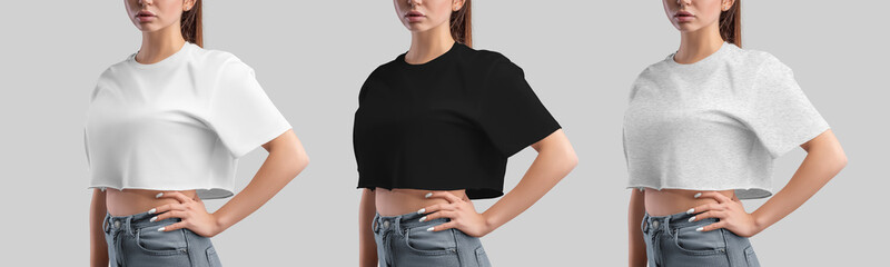 Template white, black, heather crop top canvas bella, oversized t-shirt for a girl, hand on waist, isolated on background. Set