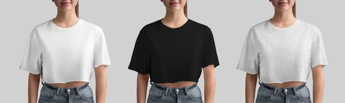 Mockup of white, black, heather crop top on beautiful girl in jeans, fashion clothes for design, print, front. Set