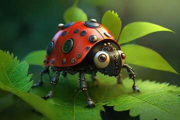Fototapeta premium Close up of a robot ladybug sitting on leaves in the outdoor. Generative AI