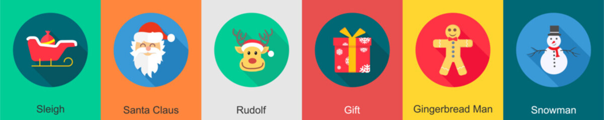 A set of 6 Christmas icons as sleigh, santa claus, rudolf