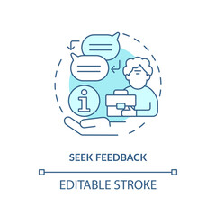 Seek feedback turquoise concept icon. Tip for younger managers with older employees abstract idea thin line illustration. Isolated outline drawing. Editable stroke. Arial, Myriad Pro-Bold fonts used