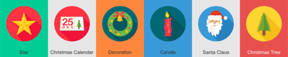 A set of 6 Christmas icons as star, christmas calendar, decoration